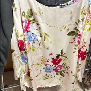 Tahari Floral Satin Blouse with Red and Blue Accents